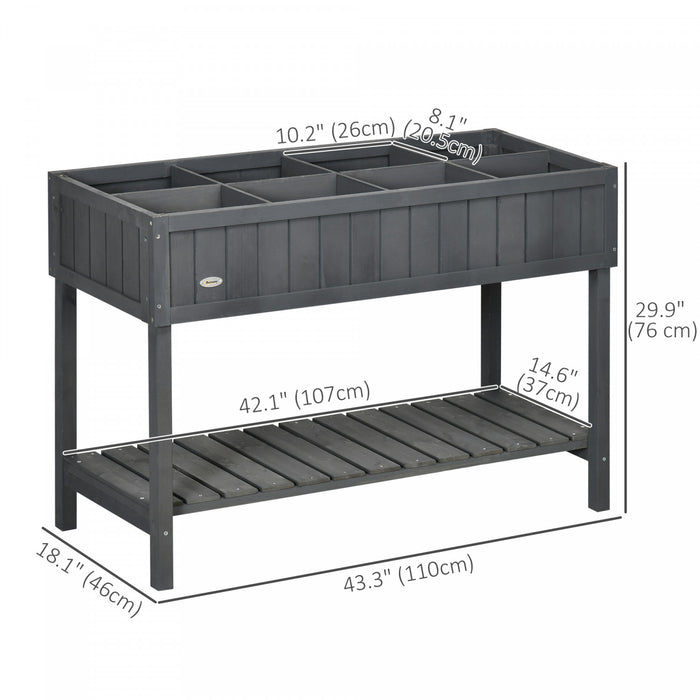 Outsunny 43.25\" X 18\" X 30\" Stand De Plantes De Jardin En Bois Eleve Lit De Fleurs Sureleve Exterieur Boite A Grille 8 Avec Rangement Etagere Jardin Planteur D'herbes Gris Fonce