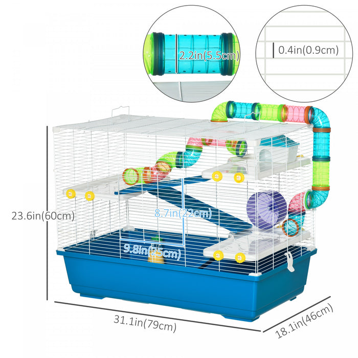 Pawhut Grande Cage Pour Hamster De 31 Cm, Maison Pour Petits Animaux, Refuge Pour Gerbilles A Plusieurs Etages, Systeme De Tube Tunnel, Avec Bouteille D'eau, Roue D'exercice, Plat De Nourriture