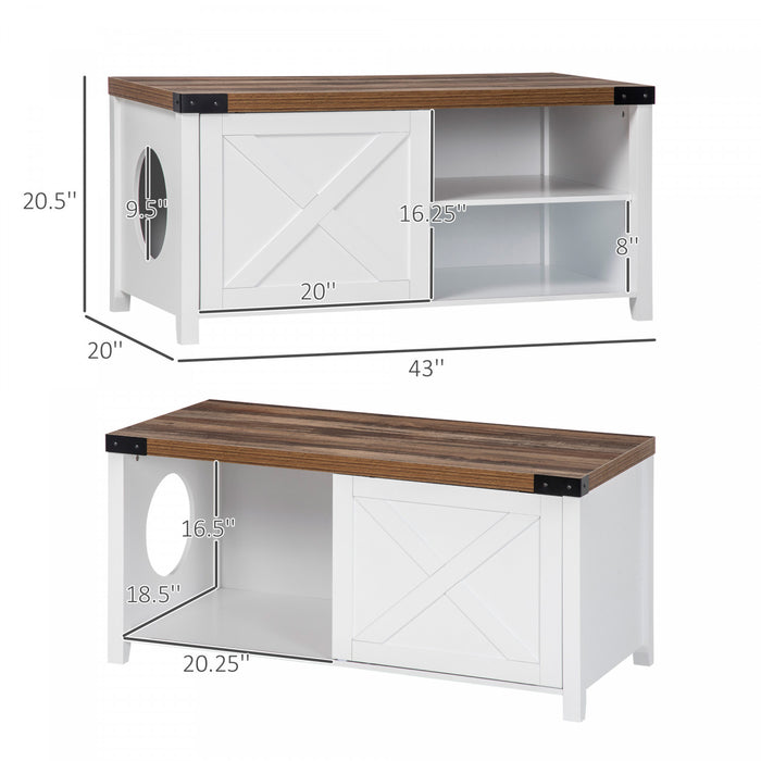 Pawhut Boite A Litiere Pour Chat Avec Porte Coulissante, Banc De Rangement De Toilettes Pour Chat Avec Trou, Table D'extremite Pour Maison D'interieur Pour Chat Avec Structure En Bois Solide, Blanc