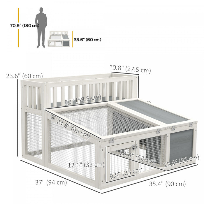 Pawhut Clapier A Lapin Exterieur Et Interieur Avec Etagere De Rangement, Cage A Lapin En Bois Pour Cochon D'inde Avec Enclos, Dessus Ouvrant, Pour 1 A 2 Lapins, 37\" X 35\" L X 24\", Gris