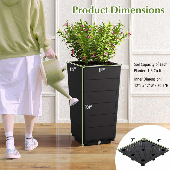 Costway 23\" Planter Haut Ensemble De 2 Pour Usage Interieur / Exterieur Grand Pot De Plante Auto-arrosant Noir