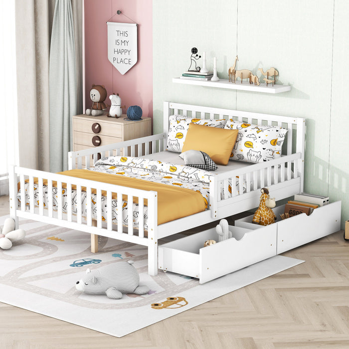 Emma – Lit Plateforme en Bois avec Barrieres de Protection et Tiroirs de Rangement, Format Double - Blanc