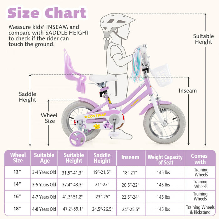 Costway 12 Pouces Enfants Velo Avec Roues D'entrainement Poupee Siege Panier Streamers Frein A Main Violet