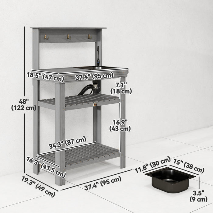 Outsunny Table banc de rempotage exterieur evier amovible et etageres, gris