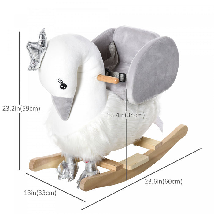 Qaba Cheval A Bascule Cygne En Bois Pour Bebe, Chaise A Bascule En Peluche Avec Sons, Base En Bois Pour Bebes 18-36 Mois, Blanc Et Gris