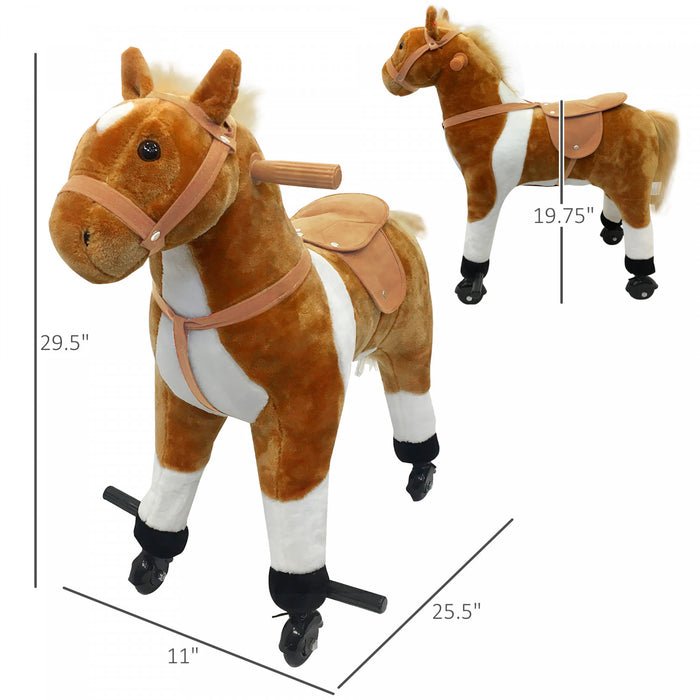 Qaba Cheval A Bascule Jouet Son Henissement Peluche Avec Roue Cadeau Enfant 110lb Capacite De Poids Marron