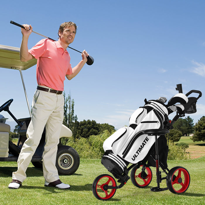Chariot De Golf A 3 Roues, Chariot Leger Avec 4 Hauteurs Reglables, Chariot De Golf Pliable Avec Porte-parapluie Reglable Et Siege Hydraulique, Sac De Rangement, Porte-boisson, Frein A Pied