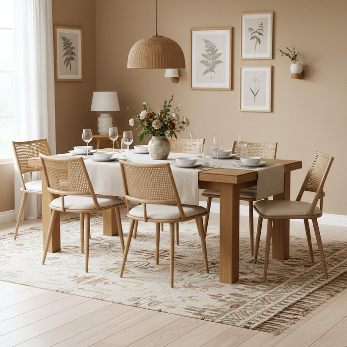 Chaises de salle a manger modernes Oliver avec assise rembourree en PU et dossier en rotin PE, lot de 6, beige