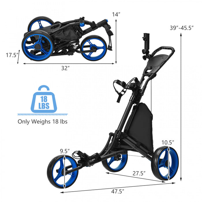 Chariot De Golf Pliable A 3 Roues, 4 Positions De Hauteur Reglables, Chariot De Golf Leger, Chariot De Golf En Aluminium Avec Porte-ombrelle Reglable, Sac Etanche, Glaciere Integree, Frein A Pied, Ouverture Et Fermeture Rapides.