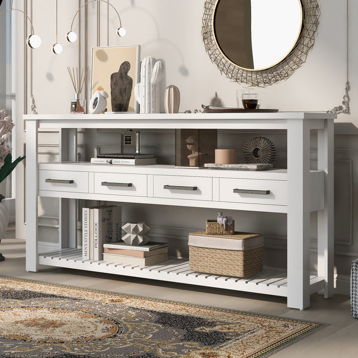 Table d'entree Ava 62,2'' avec tiroirs et etageres ouvertes, blanche