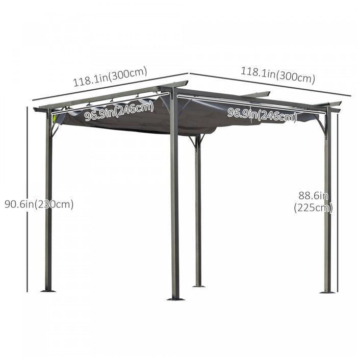 Outsunny 10' Pergola Retractable Structure Metal Epoxy Anticorrosion Noire + Toile Polyester Haute Densite Incluse Gris