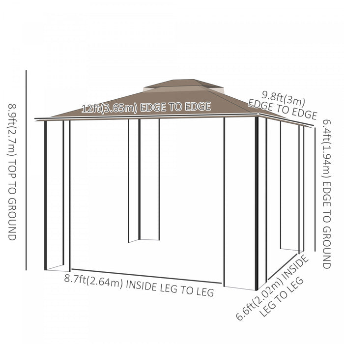Outsunny 12' X 10' Tonnelle Pavillon Jardin Patio Terrasse Gazebo Auvent Abri D'exterieur Avec Double Toit Moustiquaires Cadre En Metal Brun