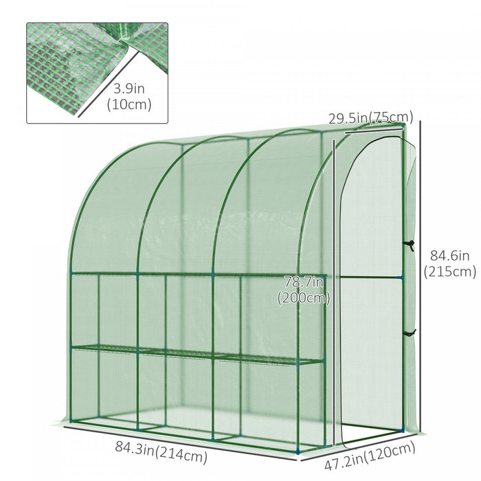 Outsunny 7' X 4' X 7' Serre De Jardin Adossee Avec Etageres A Fleurs 2 Niveuax Porte Zippee Enroulable, Acier Bache Pe Haute Densite Anti-uv Vert