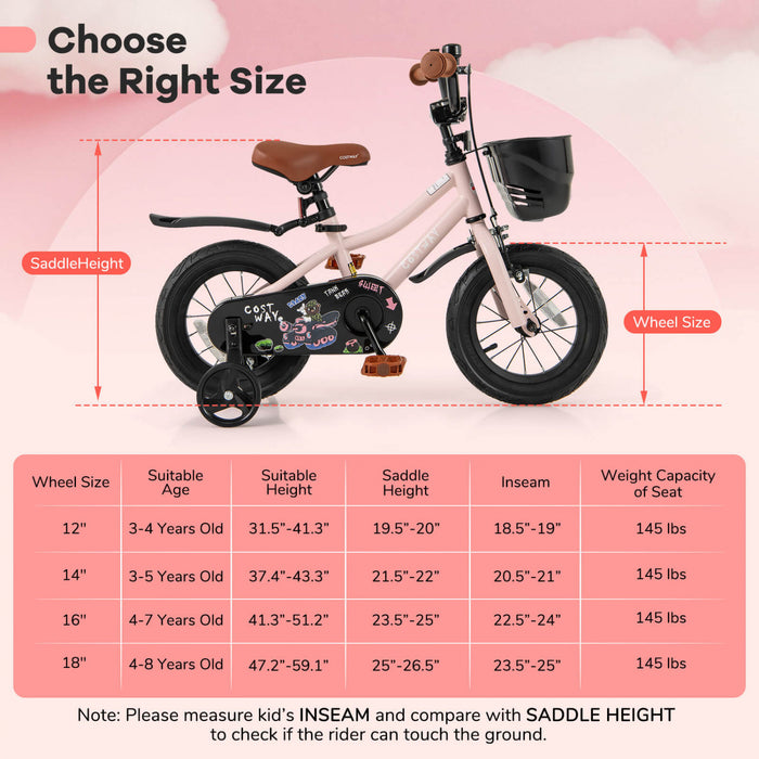 Costway 12\" Velo Pour Enfants Avec Roues D'entrainement Guidon Reglable Et Frein A Main De Siege Rose