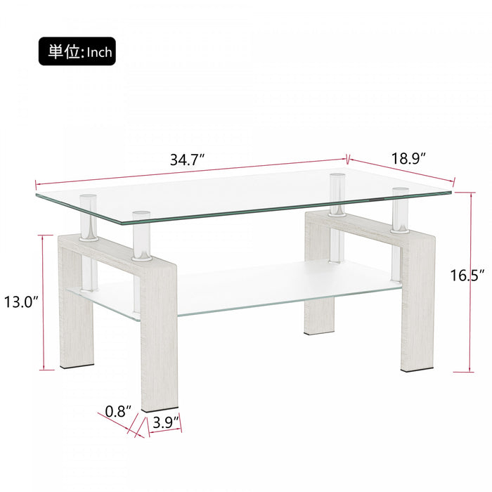 Table basse moderne Lucius au design geometrique en verre trempe avec cadre en metal et verre transparent, blanc