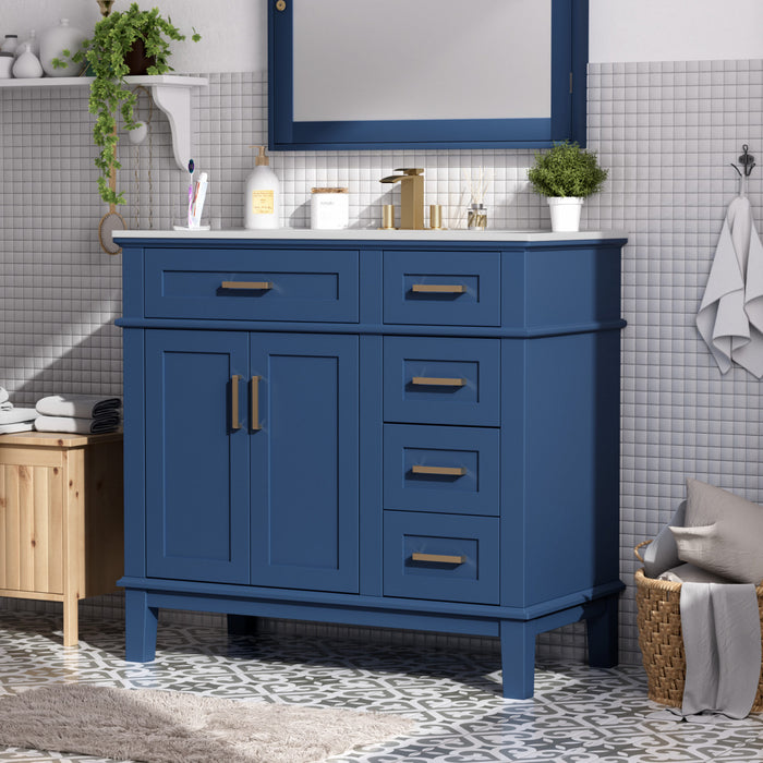 Meuble de salle de bain moderne Marshall 36 pouces avec lavabo ceramique et rangement, bleu