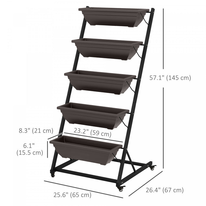Outsunny Lit De Jardin Sureleve Vertical De 5 Niveaux Avec 5 Boites De Jardiniere, Roues, Support De Plante Exterieur Cultivent Le Conteneur Avec Des Trous De Fuite Pour Patio De Balcon, Brun