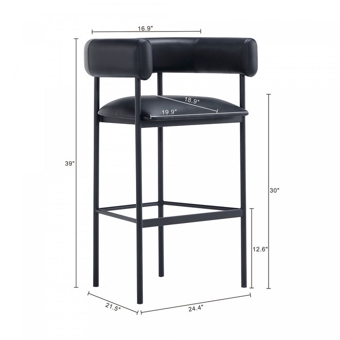 Tabouret de bar contemporain Onda en cuir vegetalien et metal, rembourre, noir