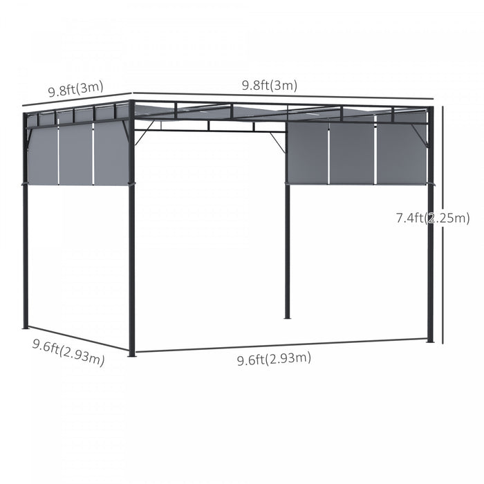 Outsunny 10' X 10' Pergola Retractable De Jardin Auvent Abri Soleil Avec Toit Coulissant Cadre En Acier Pour L'exterieur Gris Fonce