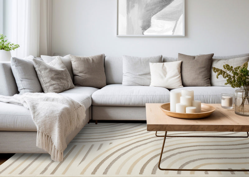 Carpette Forte crème, beige et brune à motif de lignes courbées - 5 pi 3 po x 7 pi 5 po