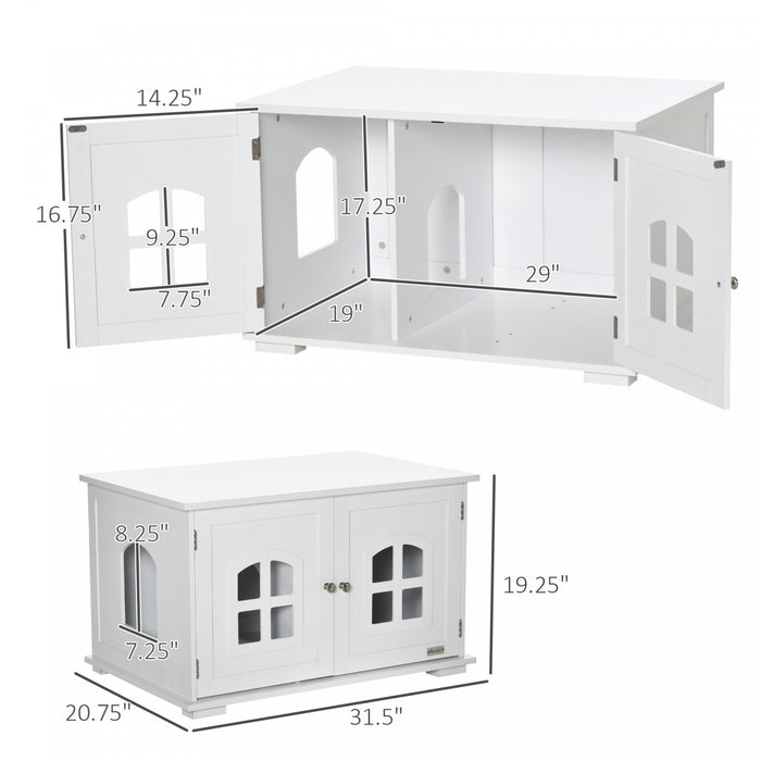 Pawhut Boite A Litiere Pour Chat Meuble Cache Pour Chat Toilette Interieure Pour Chat Table De Nuit A Double Porte Table D'extremite Avec Fenetre Pour Chat Blanc