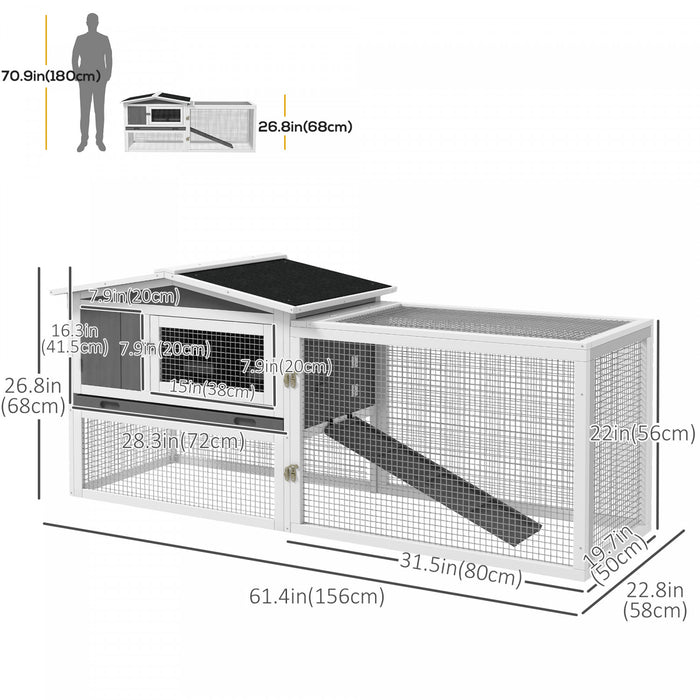 Pawhut Clapier D'exterieur A 2 Niveaux, Grande Cage A Lapins En Bois De 62 Po Avec Toit Resistant Aux Intemperies, Plateau Amovible, Portes, Fenetres Et Rampe, Gris Clair