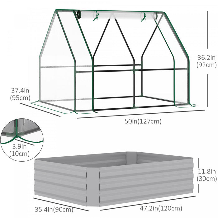 Outsunny Lit De Jardin Sureleve Galvanise De 4' X 3' Avec Mini Housse De Serre En Plastique, Jardiniere D'exterieur En Metal Avec 2 Fenetres Enroulables Pour Cultiver Fleurs, Fruits, Transparent