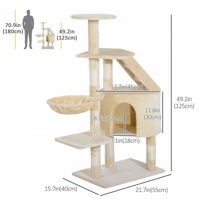 Pawhut 49 '' Arbre A Chat Tour Chaton Griffoir Griffoir Escalade Centre D'activite Maison De Jeu Meubles Pour Animaux De Compagnie Beige
