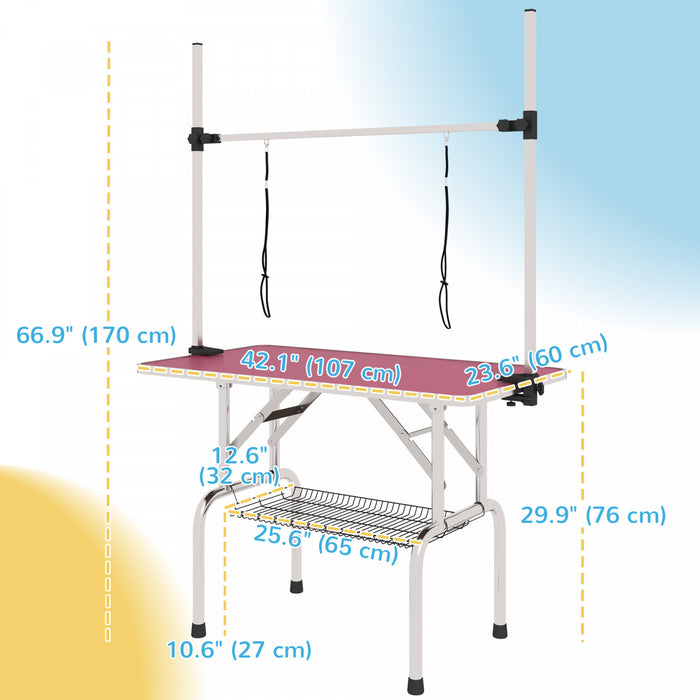 Pawhut Table De Toilettage Reglable Pour Chien, Dessus En Caoutchouc, 2 Sangles De Securite, Panier De Rangement En Maille, Metal Lourd, 42,25\" X 23,5\" X 67\", Rose