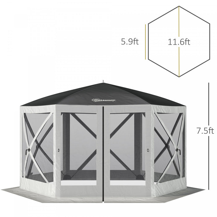 Outsunny 12' X 12' Tente Pop-up Hexagonale Abri Camping Pique-nique Auvent Pare-soleil Exterieur Avec Parois Laterales En Maille Et Sac De Transport Gris