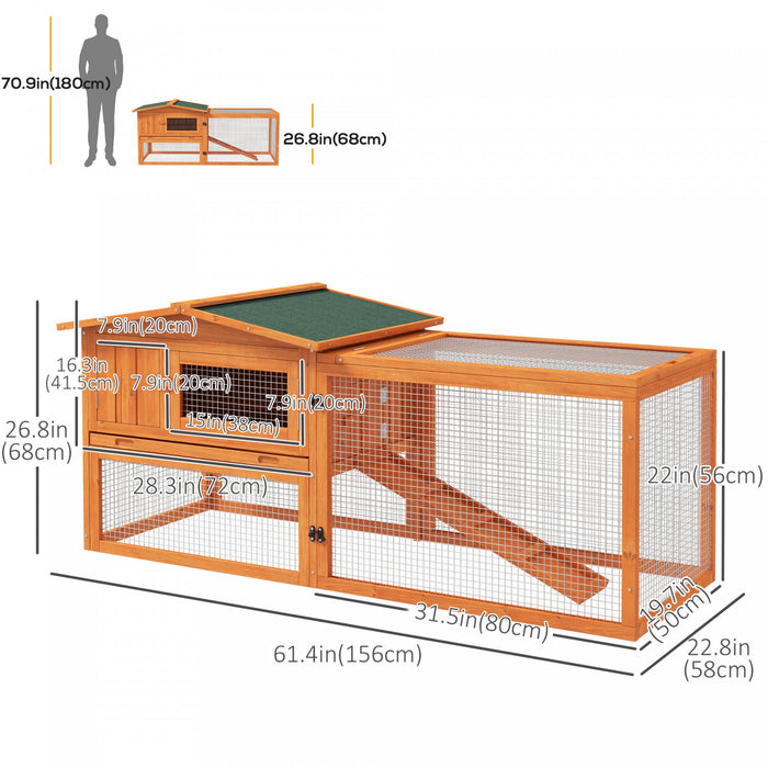 Pawhut Clapier D'exterieur A 2 Niveaux, Grande Cage A Lapins En Bois De 62 Po Avec Toit Resistant Aux Intemperies, Plateau Amovible, Portes, Fenetres Et Rampe, Orange