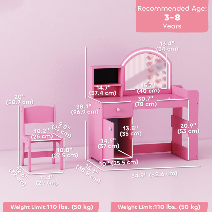 Qaba Ensemble de Coiffeuse pour Enfants, Miroir Lumineux, Tabouret, Rose