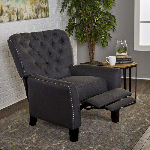 Lily Fauteuil Relax Inclinable A Dossier Inclinable En Tissu Aspect Lin Avec Clous Decoratifs, Gris Fonce Antique