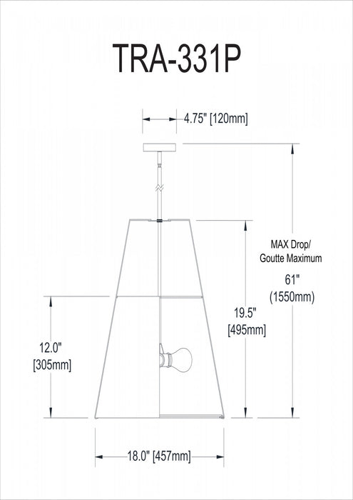 Luminaire suspendu Trapezoid de Dainolite avec abat-jour trapézoïde doré et blanc qui diffuse la lumière, tissu blanc et 3 ampoules