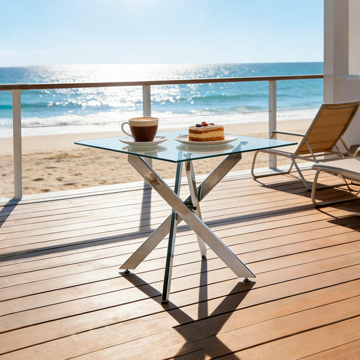 Table a manger carree en verre Olivia avec fonction polyvalente, finition chrome
