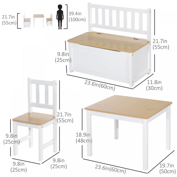 Qaba Ensemble De 4 Chaises De Table En Bois Pour Enfants Avec Fonction De Rangement, Facile A Nettoyer, Cadeau Pour Filles, Garcons, Tout-petits A Partir De 3 Ans Naturel Et Blanc