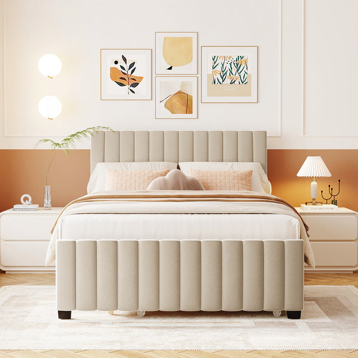Lit plateforme Ethan rembourre en velours, gain de place, avec tiroir gigogne, taille full, beige