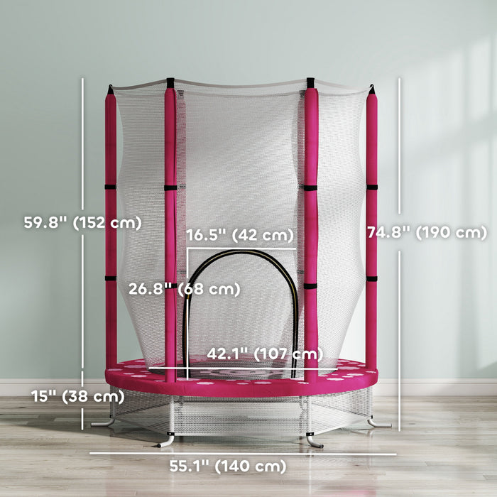 Qaba Trampoline 55\" pour Enfants, Trampoline pour Tout-Petits avec Filet de Securite, pour Sauter et Jouer, Usage Interieur et Exterieur, Age 3-6 Ans, Motif Soleil, Rose
