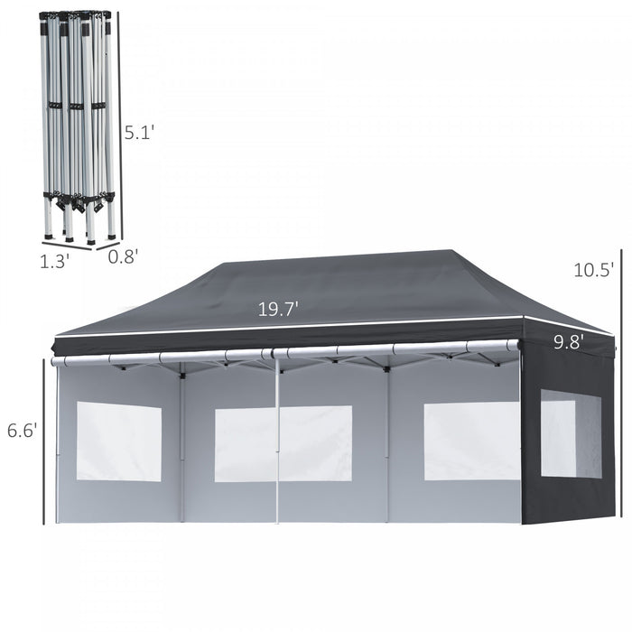 Outsunny 20' X 10' Tonnelle Gazebo Pliable Abri Tente Instantanee Avec Parois Laterales Amovibles, 4 Fenetres, 4 Sacs De Poids De Sable Et Sac De Transport, Noir