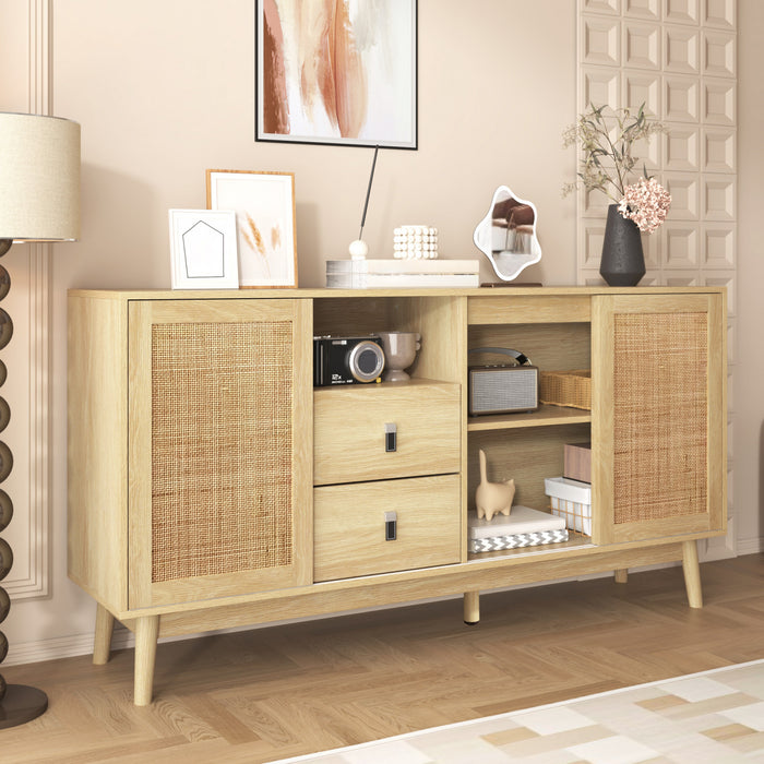 Oliver 61\" Buffet avec Portes Coulissantes en Rattan et Tiroirs, Naturel