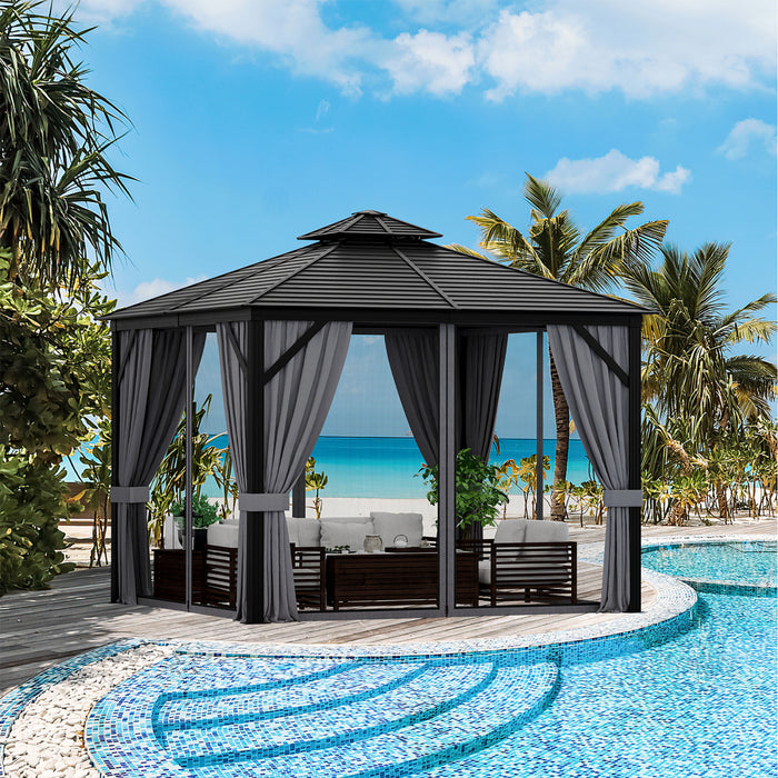 Costway 10’ X 10’ Patio Double Top Hardtop Gazebo Toit En Acier Galvanise Cadre En Aluminium