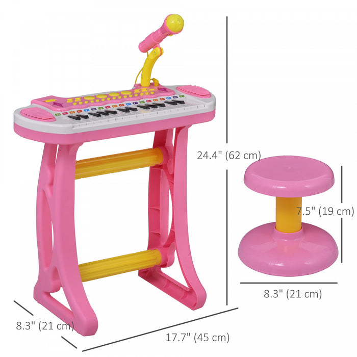 Qaba Clavier De Piano Enfants Avec Tabouret D'assise Inclus, Microphone De Travail, Lampe De Poche Lumineuse Et Amusante, Rose
