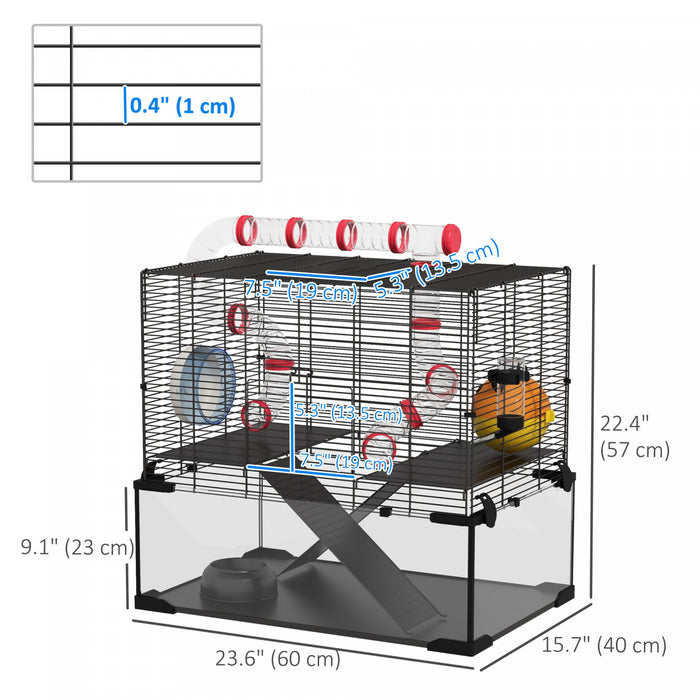 Pawhut Cage Pour Hamster, Maison Pour Petits Animaux Avec Fond En Verre Profond, Systeme De Tunnel, Rampes, Plates-formes, Cabane, Roue D'exercice, Bouteille D'eau, 24\" X 16\" X 22\"