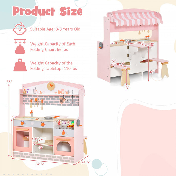 Cuisine Et Restaurant 2 En 1 Pour Enfants, Cuisine De Jeu Double Face Avec Cuisiniere, Four A Rotir, Barbecue, Auvent Reglable Et Robinet En Bois, Jeu De Role Pour Enfants De 3 A 8 Ans