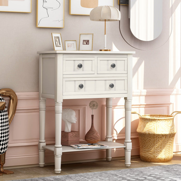 Table Console Olivia En Bois Massif Avec Tiroirs Et Etagere Inferieure - Blanc