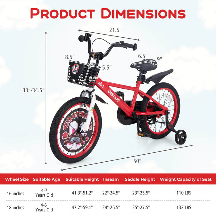Costway 18\" Velo Pour Enfants Pour 4-8 Avec Guidon Reglable En Hauteur Et Frein A Main En Selle Rouge