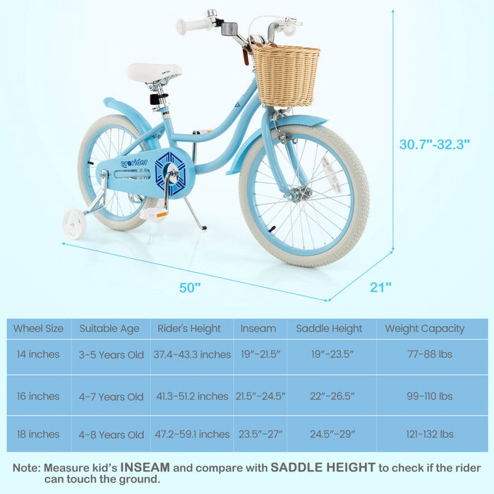 Costway 18\" Velo Enfant Avec Roues D'entrainement Reglable Guidon Siege Frein A Main Bleu