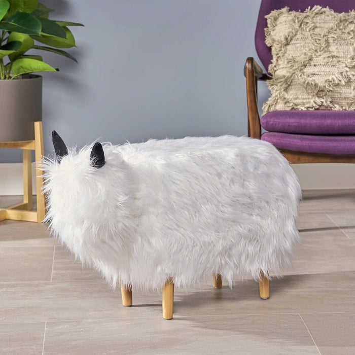 Pouf Repose-pieds Julius En Bois Tapisse Avec Pieds En Forme De Yak, Blanc