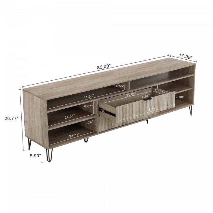 Meuble TV moderne Dumbo 85\" a cannelures, finition brun dore