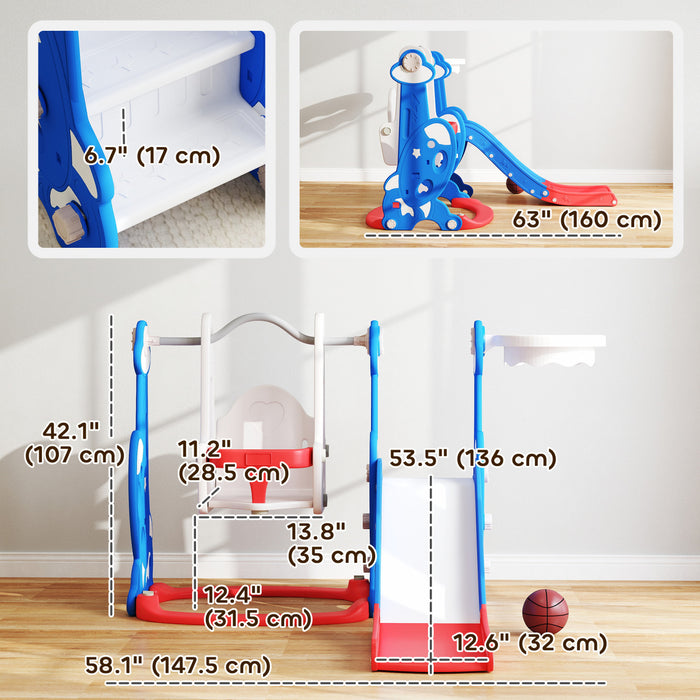 Qaba Ensemble toboggan et balancoire 4 en 1 avec panier de basket-ball, grimpeur, balancoire pour bebe, aire de jeux interieure pour garcons et filles, theme fusee, bleu fonce